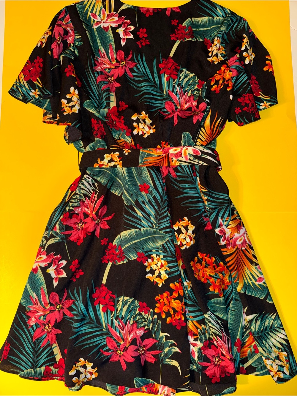 SHEIN Black Floral Midi Dress with Red, Orange & Green Hawaiian Flower Print - Picture 4 of 5
